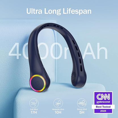 Portable Neck Fan, Personal Fan with 4000mAh Battery, Rechargeable Neck Fan with 3 Speeds and 64 Cool Lights, Birthday Gifts for Men Women Mom Dad, Hands Free Cooling fan for Summer(Navy Blue)