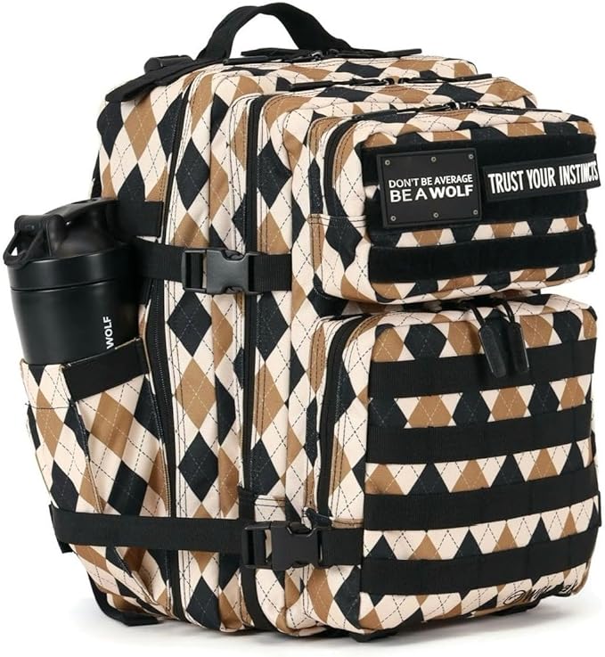WOLFpak 35L Athletic Gym Backpack - Durable 1000D Waterproof Oxford Material with MOLLE Webbing, Laptop Pocket & Dual Cup Holders, Durable Fitness/Travel/Military Daypack (Argyle Print)