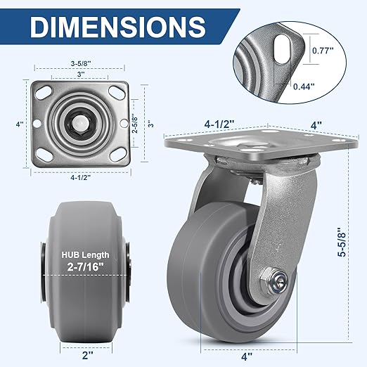 4 Inch Rubber Wheels (Flat Tread)- Heavy Duty Casters, Industrial Caster Wheels- with up to 700 LB Capacity- Use for Dollies, Utility and Maintenance Carts(2 Swivel)