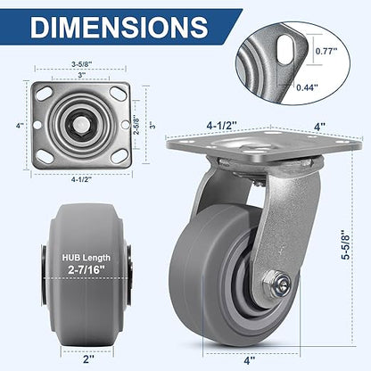 4 Inch Rubber Wheels (Flat Tread)- Heavy Duty Casters, Industrial Caster Wheels- with up to 700 LB Capacity- Use for Dollies, Utility and Maintenance Carts(2 Swivel)