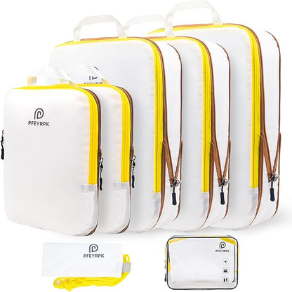Lightweight Compression Packing Cubes for Suitcases, Compressible Expandable Travel Packing Organizer with Clear Toiletries and Backpack Bag, Travel Essentials for Carry on Luggage 7 Set