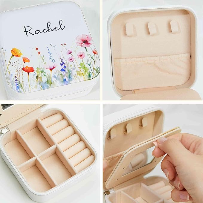 Personalized Name Travel Jewelry Case with Watercolor Flower - Custom Name Travel Jewelry Box with Mirror Birthday Gift for Her - Small Floral Leather Jewelry Organizer for Women Bridesmaid Girl