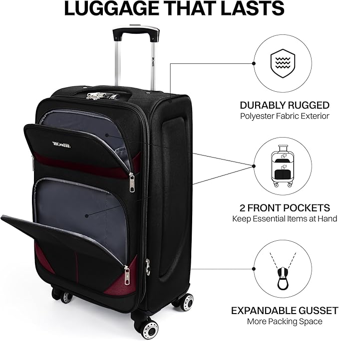 24'' Softside Expandable 15% Rolling Luggage with Double Spinner Wheels & w/LOCK,Lightweight Travel Luggage for Men Women（Black-Burgundy,24in）