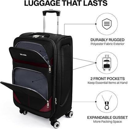 20" Luggage, Softside Suitcase with LOCK,Expandable Luggage w/Double Spinner Wheels, Lightweight Rolling Suitcases for Travel Carry On Luggage（Black-Burgundy,20in）