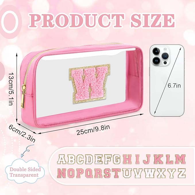 Small Clear Personalized Initial Makeup Bag, Preppy A-Z Chenille Letter Patch Cosmetic Bag, Cute Transparent Nylon Waterproof Zipper Beach Varsity Letter Pouch, Gift for Women Girls(Pink-Pink W)