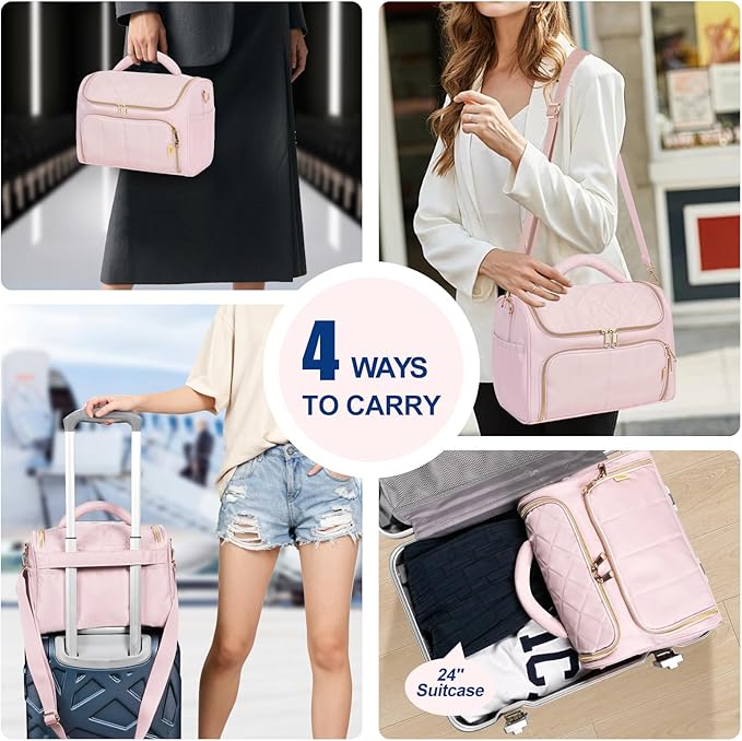 Travel Toiletry Bag Large Cosmetic Makeup Bag Organizer for Women,Wide-open Make Up Bag Waterproof Makeup Case Travel Bag with Handle and Dividers for Toiletries,Essentials,Accessories,LT Pink