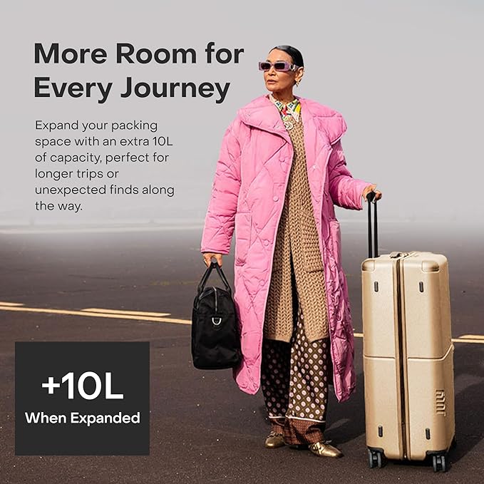 Checked Plus Expandable - 28.75" Airline Approved Check In Luggage with Wheels, Rolling Suitcase for Men & Women - TSA Lock, Silent Spinner Wheels, Expansion Zip, Y-Strap - Sand