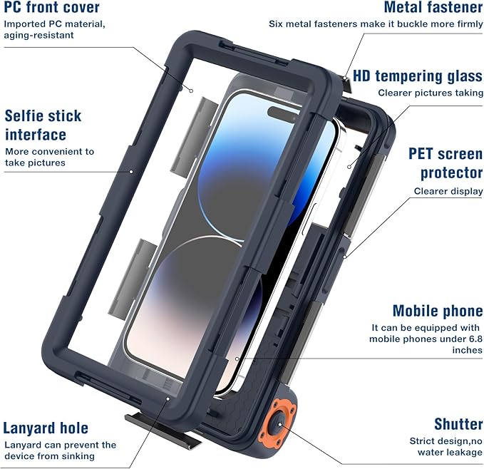 2026Underwater Snorkeling Diving Phone Case for iPhone 16/15/14/13/12/ Pro Max Galaxy S24/S23/S22.[50ft/15m] Professional Scuba Dive Waterproof Case Underwater Photo Video Cover Orange
