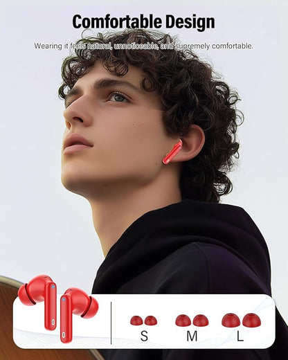 Wireless Earbuds, Bluetooth 5.4 Headphones Bass Stereo, Ear Buds with Noise Cancelling Mic, LED Display in Ear Earphones Clear Calls, IP7 Waterproof Bluetooth Earbuds for Laptop/Phones/Sports, Red