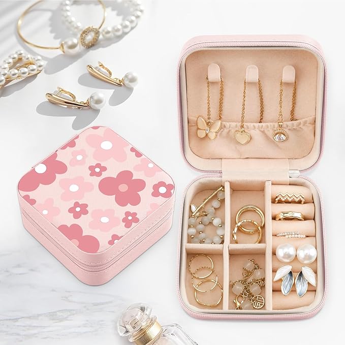 MAYCARI Jewelry Box with Cute Pink Floral Pattern Design, PU Leather Jewelry Travel Organizer Case-Rings/Earrings/Necklace Storage Box for Women Birthday Mom Friends Her Bridesmaids Girls s