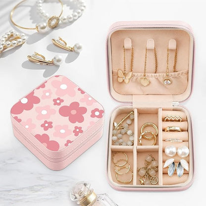 MAYCARI Jewelry Box with Cute Pink Floral Pattern Design, PU Leather Jewelry Travel Organizer Case-Rings/Earrings/Necklace Storage Box for Women Birthday Mom Friends Her Bridesmaids Girls s