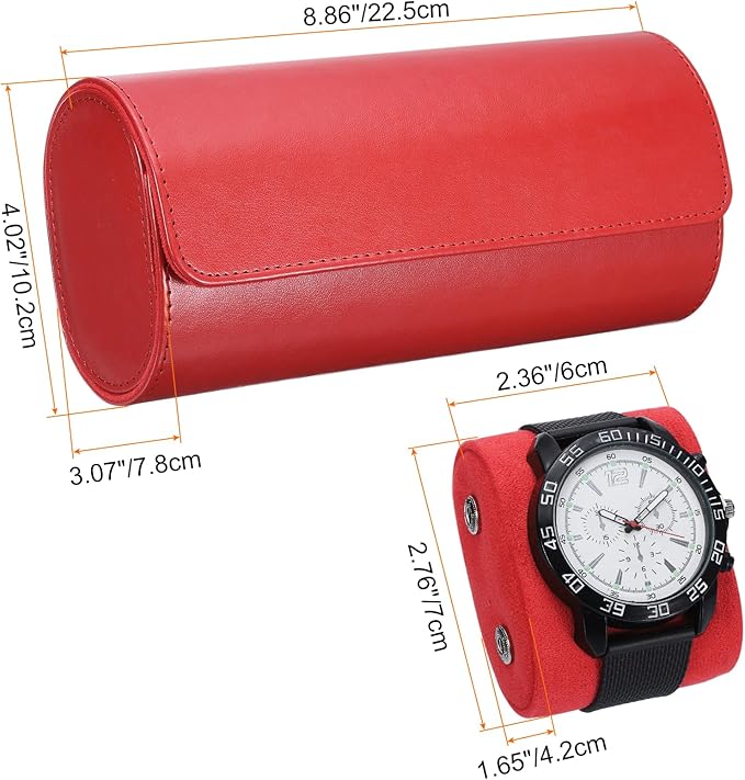 HARFINGTON Watch Roll Travel Case 3 Slot Portable Leather Watch Case for Men and Women, Watches Storage Organizer with Removable Pillows for Traveling, Display, Home Storage, Red