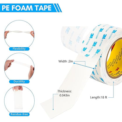3M 1600T Double Sided Tape, PE Foam Tape 2" x 18 Ft White Removable Strong Adhesive No Residue for RV Picture Hanging, Posters Frames Wall Decor Indoor & Outdoor Use