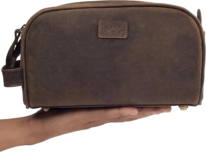 mds Genuine Leather Toiletry Bag for Men - Rustic Classic Vintage Handcrafted Full-Grain Leather Travel Dopp Kit with Waterproof Lining & Handle, Shaving & Grooming Kit Organizer Pouch - Rustic Brown