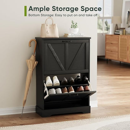 Shoe Cabinet, Shoe Storage Cabinet for Entryway with 2 Flip Drawers, Narrow Farmhouse Shoe Organizer Cabinet, Slim Shoe Rack Cabinet, 23.6in Black