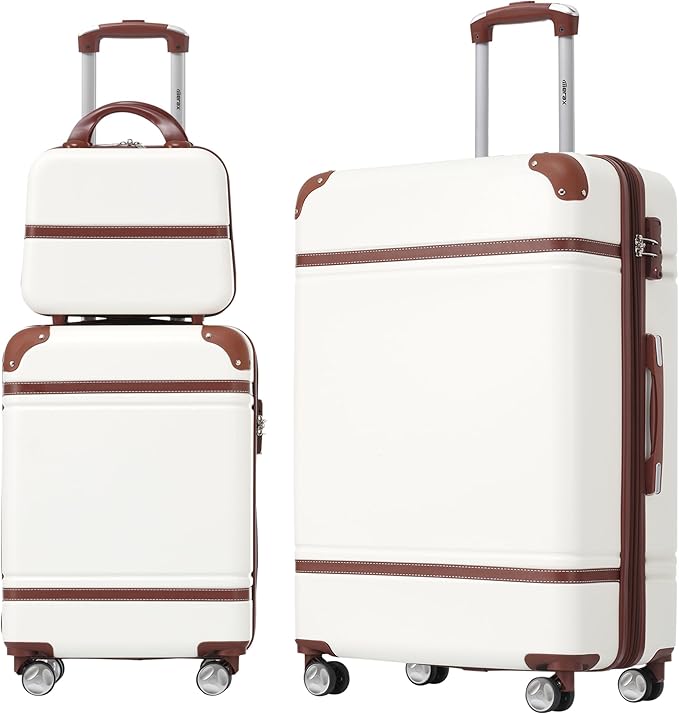Merax Luggage Set, 2 Piece Luggage with Cosmetic Case, Vintage Hardcase Suitcase with Wheels, Expandable Luggage Airline Approved(White,20"+28")