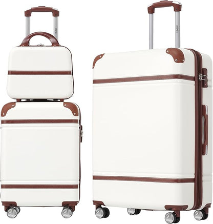 Merax Luggage Set, 2 Piece Luggage with Cosmetic Case, Vintage Hardcase Suitcase with Wheels, Expandable Luggage Airline Approved(White,20"+28")