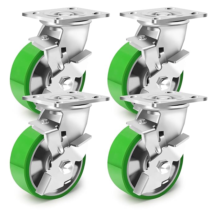 5 Inch Heavy Duty Industrial Grade Caster Set of 4, Industrial Swivel Casters with Brake, Maintenance-Free Aluminum Core PU Wheels 4000 LBS, Durable Casters Wheels for Industrial, Equipment