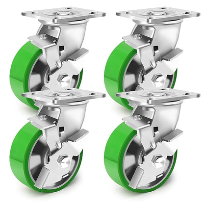 5 Inch Heavy Duty Industrial Grade Caster Set of 4, Industrial Swivel Casters with Brake, Maintenance-Free Aluminum Core PU Wheels 4000 LBS, Durable Casters Wheels for Industrial, Equipment