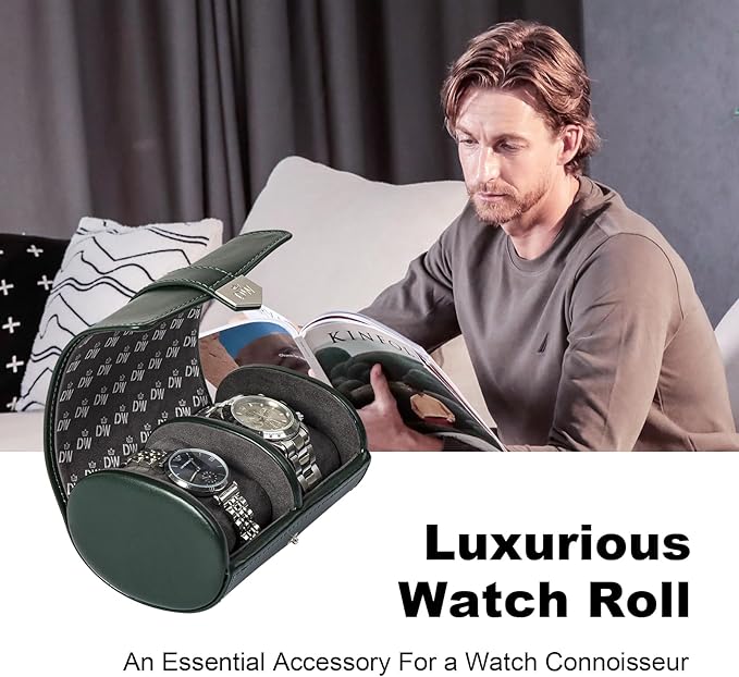 DUKWIN Watch Roll for 2 Watches,Vegan Leather Travel Watch Case Organizer with Removable Pillows for Men and Women,Display Case for Watches Collection and Gift for Anniversary Birthday(Green Storage)