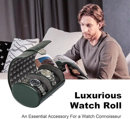 DUKWIN Watch Roll for 2 Watches,Vegan Leather Travel Watch Case Organizer with Removable Pillows for Men and Women,Display Case for Watches Collection and Gift for Anniversary Birthday(Green Storage)