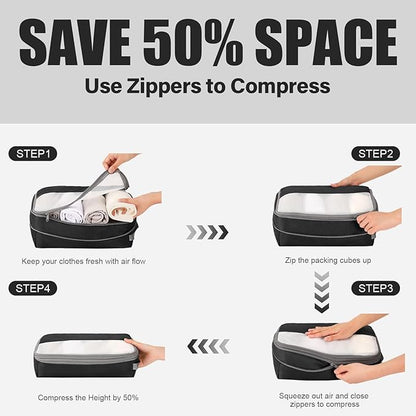 6 Set Compression Packing Cubes for Travel, Lightweight and Space-Saving Luggage Organizer Bags, Sturdy Travel Essentials for Suitcase, Black