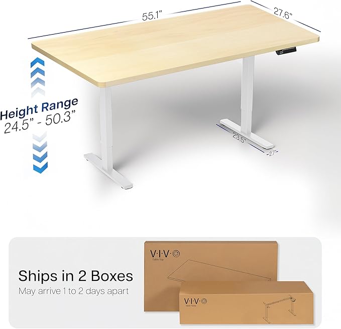 VIVO Electric 55 x 28 in Dual Motor Sit Stand Desk, Memory Height Adjustment, 2B Series, Light Wood Top White Frame, DESK-KIT-2W55C