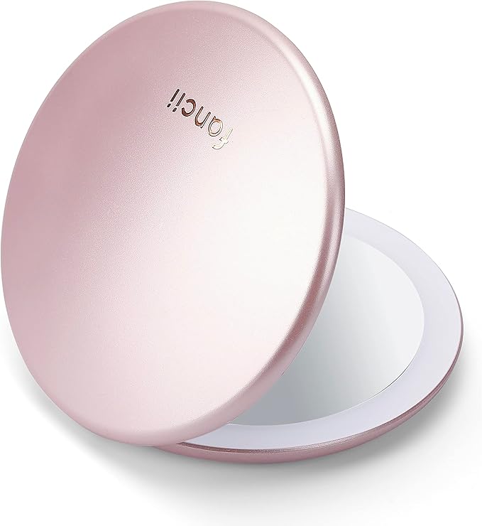 Fancii Taylor LED Lighted Travel Makeup Mirror, Rechargeable with 10x/1x Magnifying & 3 Light Settings - Compact, Portable, Large 5” Wide Hand Mirror for Handbag and Purses (Rose Gold)