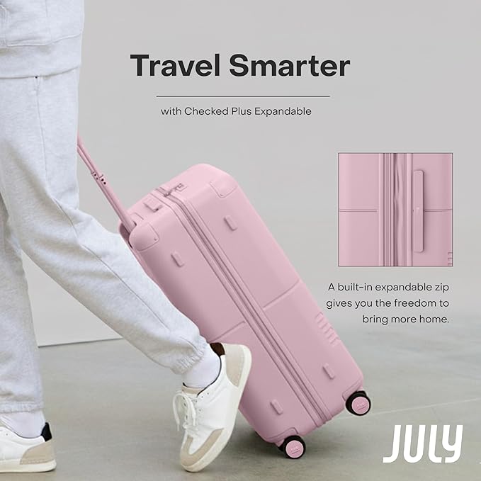 Checked Plus Expandable - 28.75" Airline Approved Check In Luggage with Wheels, Rolling Suitcase for Men & Women - TSA Lock, Silent Spinner Wheels, Expansion Zip, Y-Strap - Blush Pink