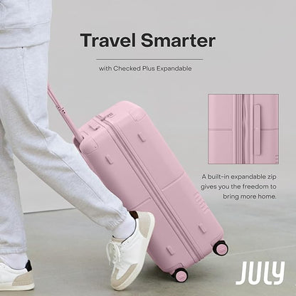 Checked Plus Expandable - 28.75" Airline Approved Check In Luggage with Wheels, Rolling Suitcase for Men & Women - TSA Lock, Silent Spinner Wheels, Expansion Zip, Y-Strap - Blush Pink