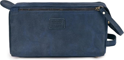 LEATHER VILLAGE Premium Leather Travel Toiletry Bag - Water-Resistant Dopp Kit for Toiletries, Large Shaving Bag & Bathroom Organizer - Gift for Men & Women - Royal Blue