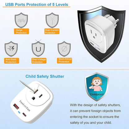 Type E/F Plug Adapter, VooLerTun France Germany Travel Adapter with 30W Fast Charge Power Adapter Dual Ports Compatible Cell Phone Camera, 1 American Outlet Adapter, US Converter European Travel