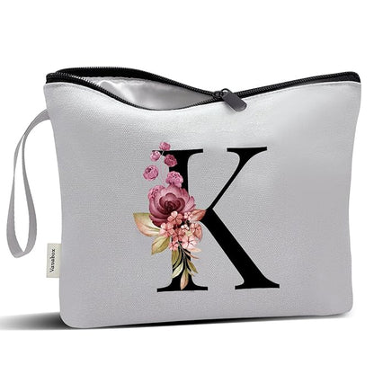 Vavabox A-Z Personalized Makeup Bag, Birthday Gifts for Women Mom, Gifts for Best Friend, Bride Bridesmaid Cosmetic bag (K, Grey)