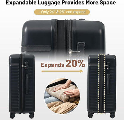 Merax Luggage Sets 5 Piece,Hardshell Expandable Suitcase with Spinner Wheels and Travel Bags,Lightweight Carry on Luggage,20/24/28IN,Black