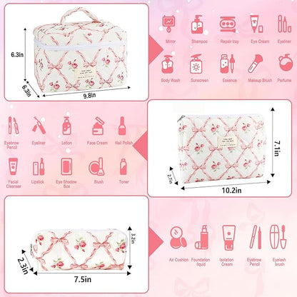 3Pcs Makeup Bag Quilted Cosmetic Bag Set Bow Travel Large Makeup Pouch for Women Cute Portable Cotton Toiletry Bag Skincare Organizer Coquette Vintage Travel Essential