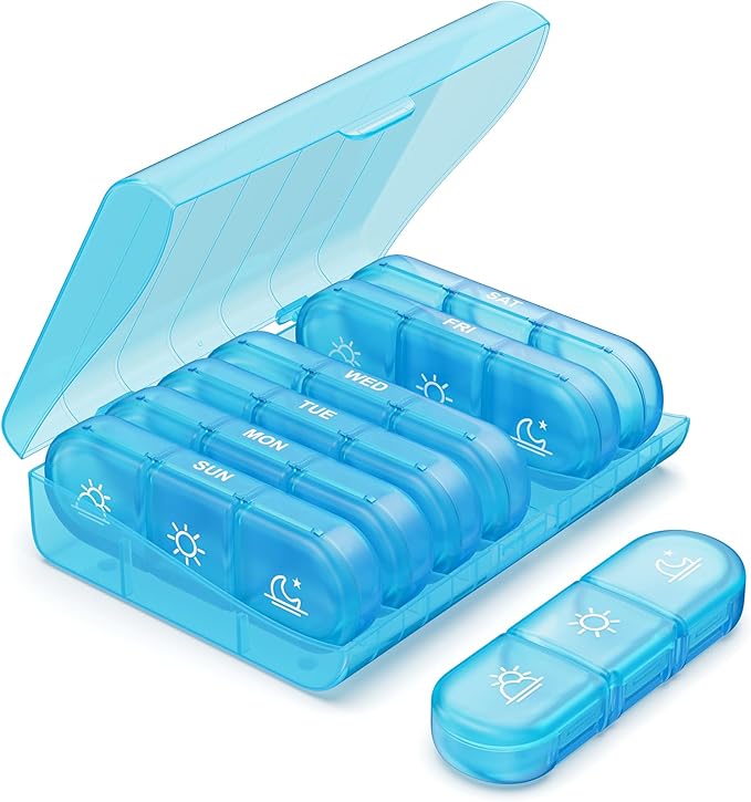 PULIV Weekly Pill Organizer 3 Times a Day, Portable Travel Pill Box 7 Day with Large Pill Containers, Light-Proof Pill Case for Vitamins, Medication, Supplements and Fish Oils (Blue)