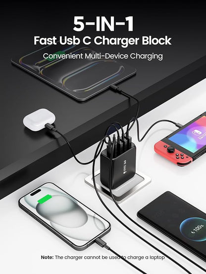 USB C Charger Block,EIZLXQ [2-Pack] Type C Charger Fast Charging,50W 5-Port Usb Wall Charger Multiport Type C Charging Block Cube for iPhone 17/16/15/14/13/12/11 Pro Max XS, iPad, Samsung & More-Black