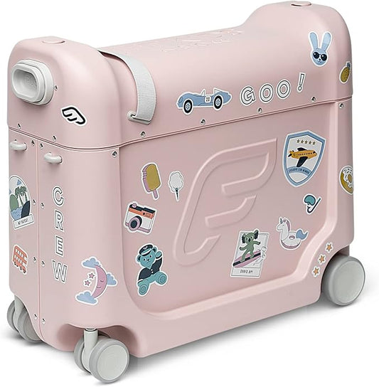Stokke JetKids BedBox, Pink Lemonade - Ride-On Suitcase for Kids 2-7 Years Old (up to 77 lbs) - Transforms Into Bed - Includes Mattress, Decorative Stickers & Adjustable Carrying Strap
