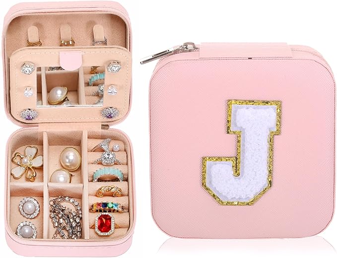 Small Jewelry Box Travel Jewelry Case Jewelry Holder Organizer,Travel Essentials Box Jewelry Organizer,Personalized Birthday Gifts for Teen Girls Women Initial J, pink