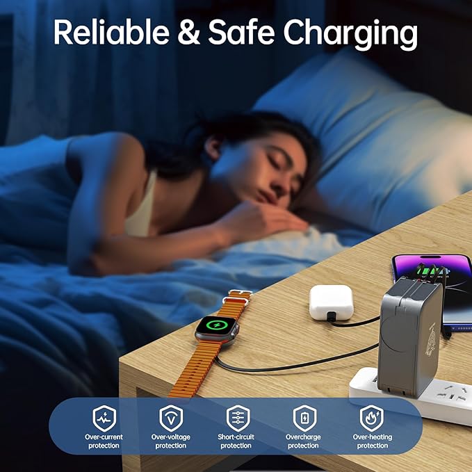 Retractable Apple Watch Charger, 5 in 1 Travel Charging Station for Apple Devices, Retractable Chargers for Multiple Devices with Multi Charging Cable, Charger Block for Apple Gear (Grey)
