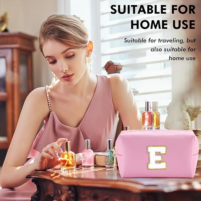 Initial Makeup Bag for Women Travel Small Cosmetic Bag Cute Pink Personalized Preppy Makeup Pouch for Purse Zippered Toiletry Organizer PU Leather Makeup Bag Makeup Case for Christmas（E）