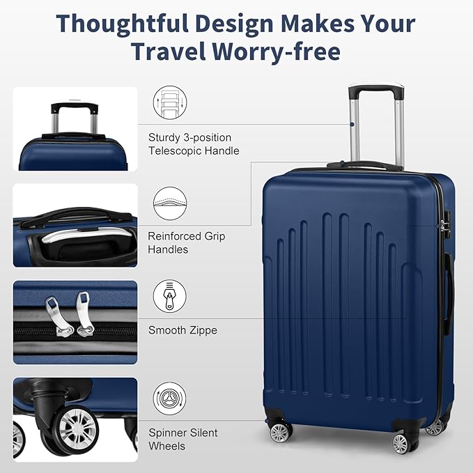 Karl home 28 Inch Check-in Luggage with Spinner Wheels, ABS Hardshell Checked Suitcase with TSA Lock, Durable Large Suitcase Rolling Luggage for Men Women, Navy Blue