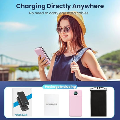 Portable Charger 13800mAh Slim USB C Power Bank with Built in Cables and Wall Plug,LCD Display Lightweight Travel Battery Pack,PD Fast Charging Compatible with iPhone 15,14,Samsung Android-Pink
