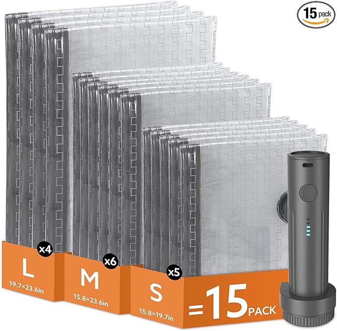Travel Vacuum Bags with Wireless Charging Air Pump, 15 Pack Vacuum Seal Bags with 3 Sizes for Clothing Travel, Space Saver for Luggage, Business Trip, Home Storage