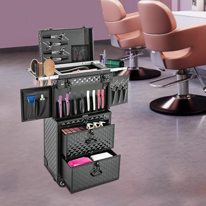Beauty Luggage Rolling Lockable Makeup Train Case Stylist Cosmetic Luggage Travel Organizer with Hair Dryer Holder & Compartment