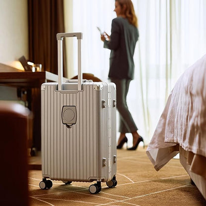 24 Inch Aluminum Frame Checked Travel Luggage with Spinner Wheels,Zipperless Hard Shell Suitcases with TSA Approved USB Port,Cup & Phone Holder for Women Men,Silver