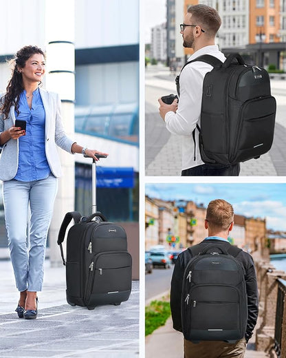 Rolling Backpack, 30L Travel Laptop Backpack with Wheels, 15.6 Inch Roller Carry on Luggage with USB Charging Port, Flight Approved Personal Item Wheeled Suitcase for Men Women Adults, Black