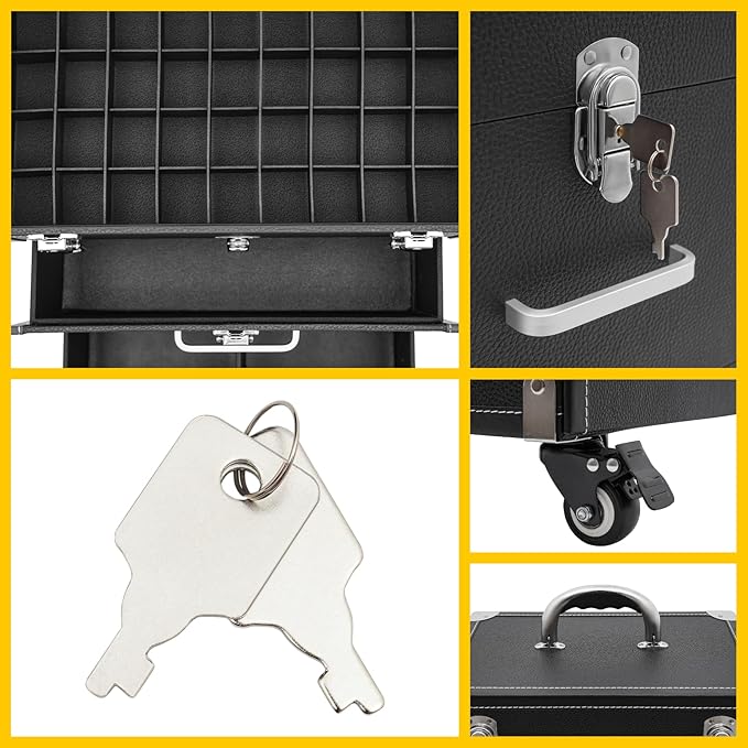 Rolling Makeup Case w/ 2 Keys, 3-tier Lockable Makeup Train Case w/ Drawers, Removable Baffle Nail Polish Organizer, Travel Cosmetic Case w/ 17.7in Telescopic Rod, 14.2*9*19.3in, Silver Latch+Black