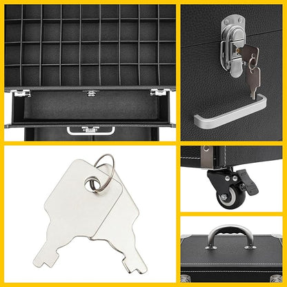 Rolling Makeup Case w/ 2 Keys, 3-tier Lockable Makeup Train Case w/ Drawers, Removable Baffle Nail Polish Organizer, Travel Cosmetic Case w/ 17.7in Telescopic Rod, 14.2*9*19.3in, Silver Latch+Black