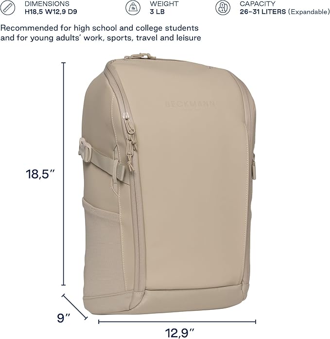 Beckmann STREET GO – Bold & Stylish Ergonomic backpack for Teens & Adults, Versatile & Functional, 26L Capacity expands to 31L - Sustainable & Durable - Water-Resistant, Lightweight. BEIGE